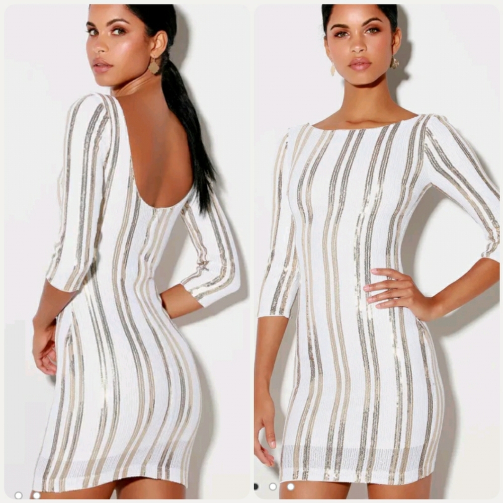 Lulu's White & Gold Sequin Striped Bodycon Dress